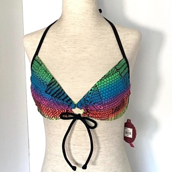 Reversible Bikini Halter Top Multicolor Black Neon Green Juniors Sz L Geometric - Picture 1 of 14